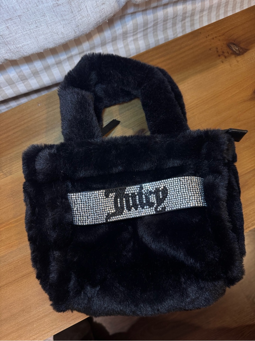 Juicy Couture Black Faux Fur Mini Tote with Rhinestone Logo - Picture 1 of 4